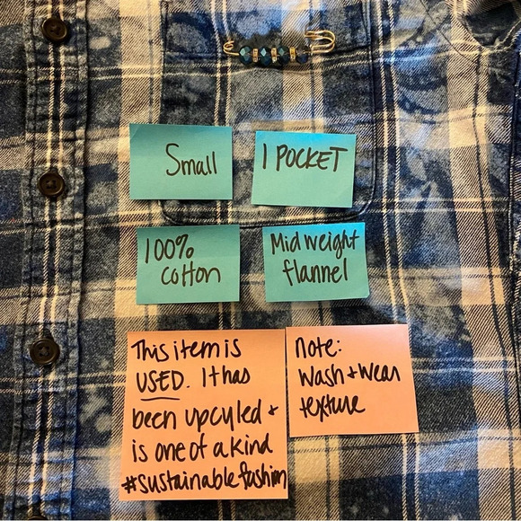 Handmade Boho Flannel Shirt Womens Small Denim Chambray Stencil Bleached Plaid - Picture 7 of 10